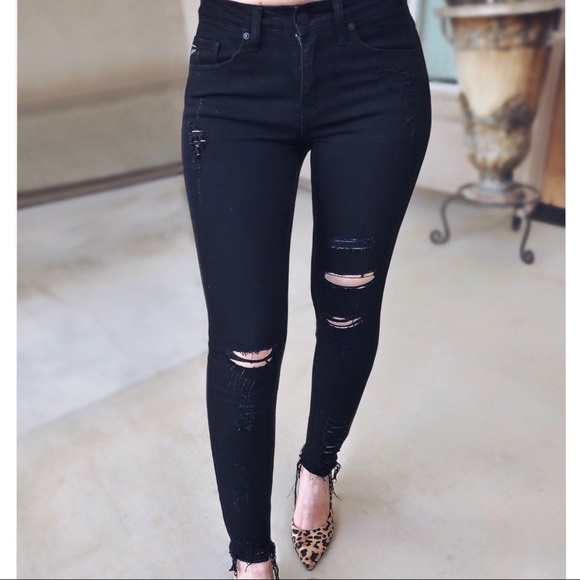 Distressed Denim Ankle Fray Black Skinny Jeans - Picture 2 of 9